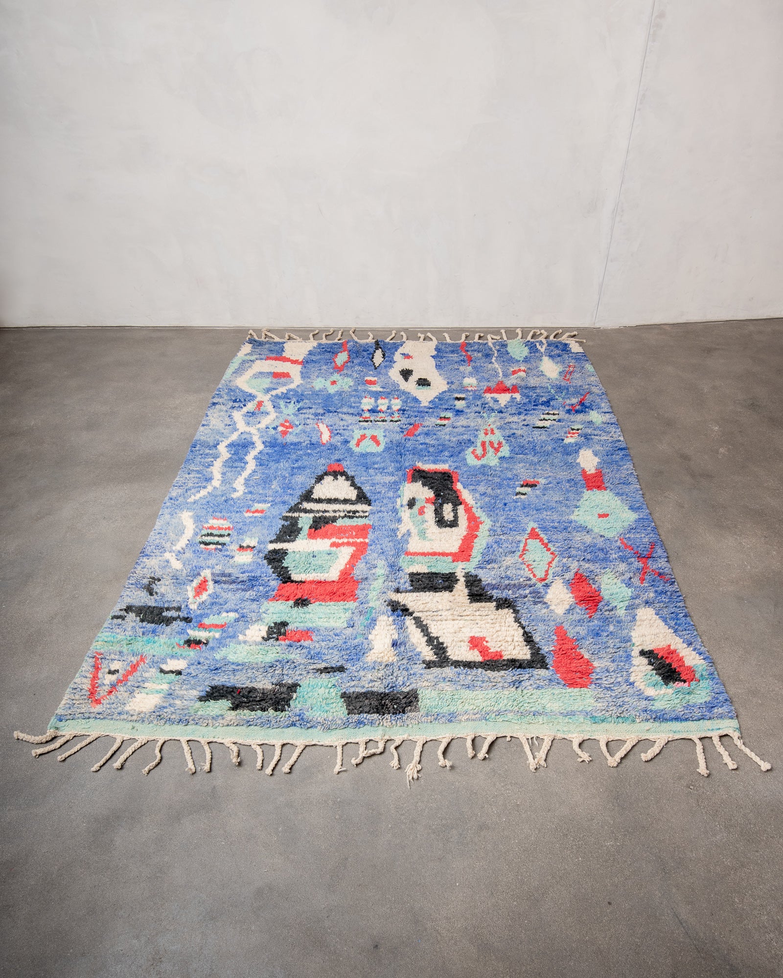 Modern, designer, handcrafted Berber rug from Morocco. Vintage carpet with beautiful colours and patterns and fluffy texture.